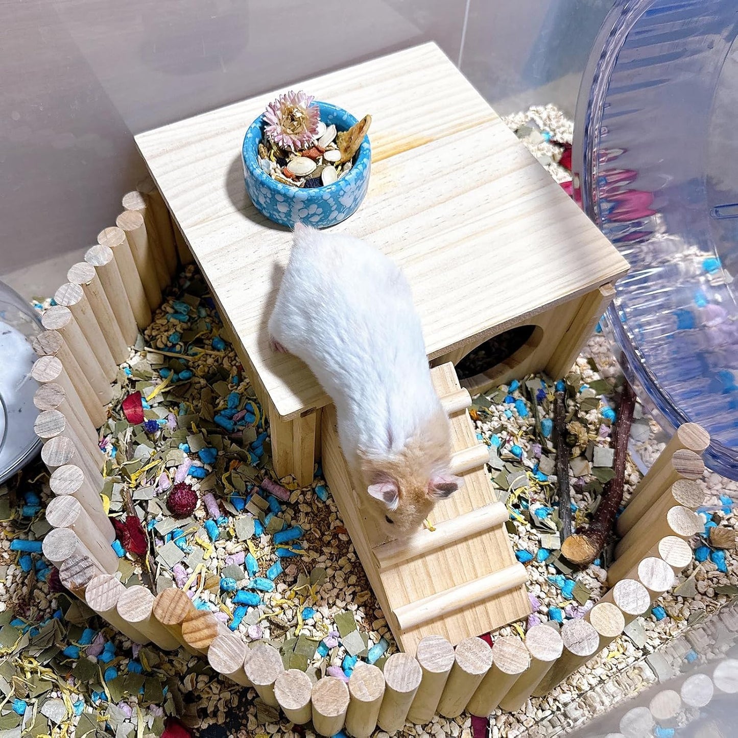 Wooden Hamster Hideout Gerbil House with Climbing Ladder and Window Habitats Decor Detachable Syrian Hamster Cage Accessories for Rat Gerbils and Other Small Pets