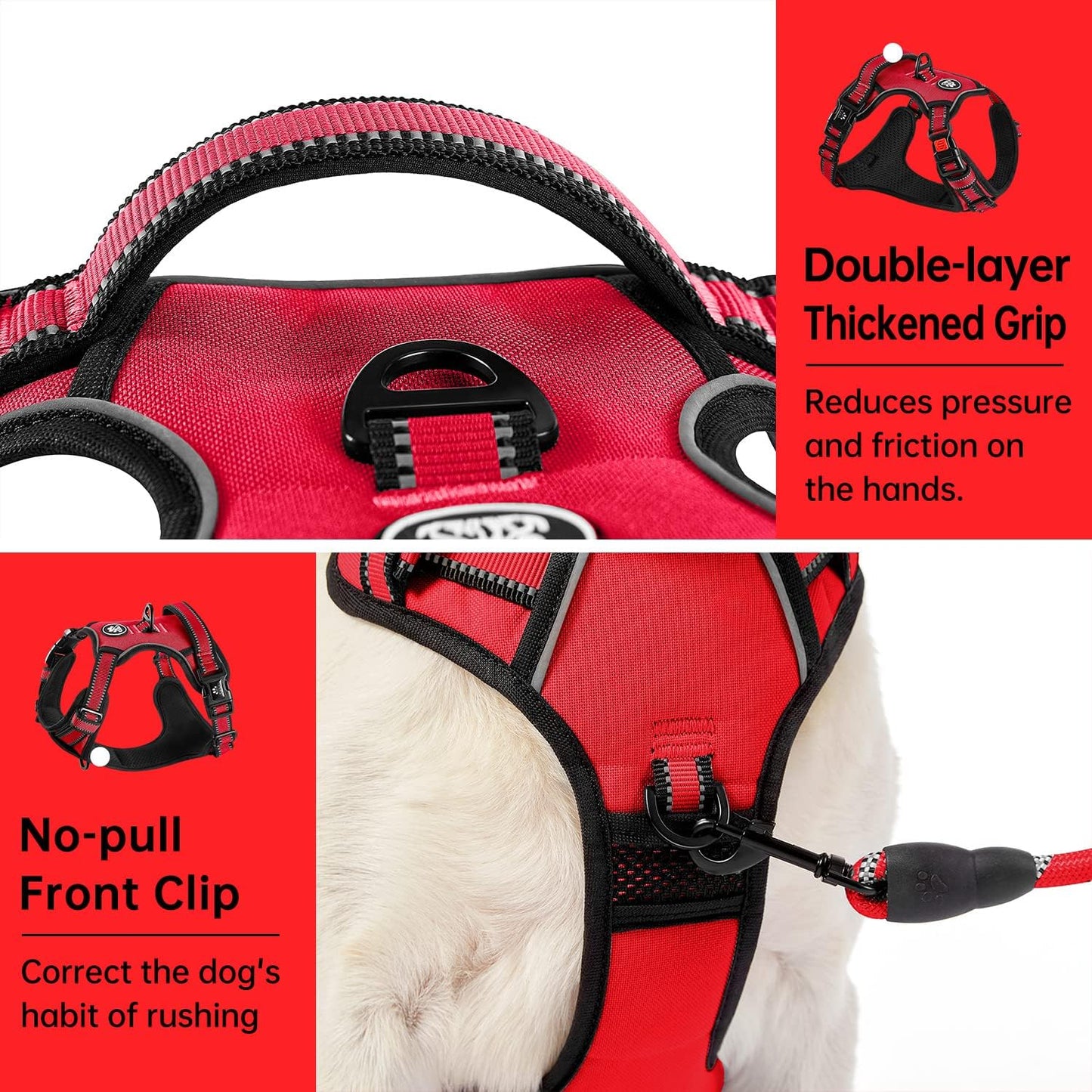 IVY&LANE No Pull Dog Harness for Small Dogs, Dog Vest Harness with Leash, Safety Belt and Storage Strap, Fully Adjustable, 360° Reflective Strip, Soft Handle (Red, S)