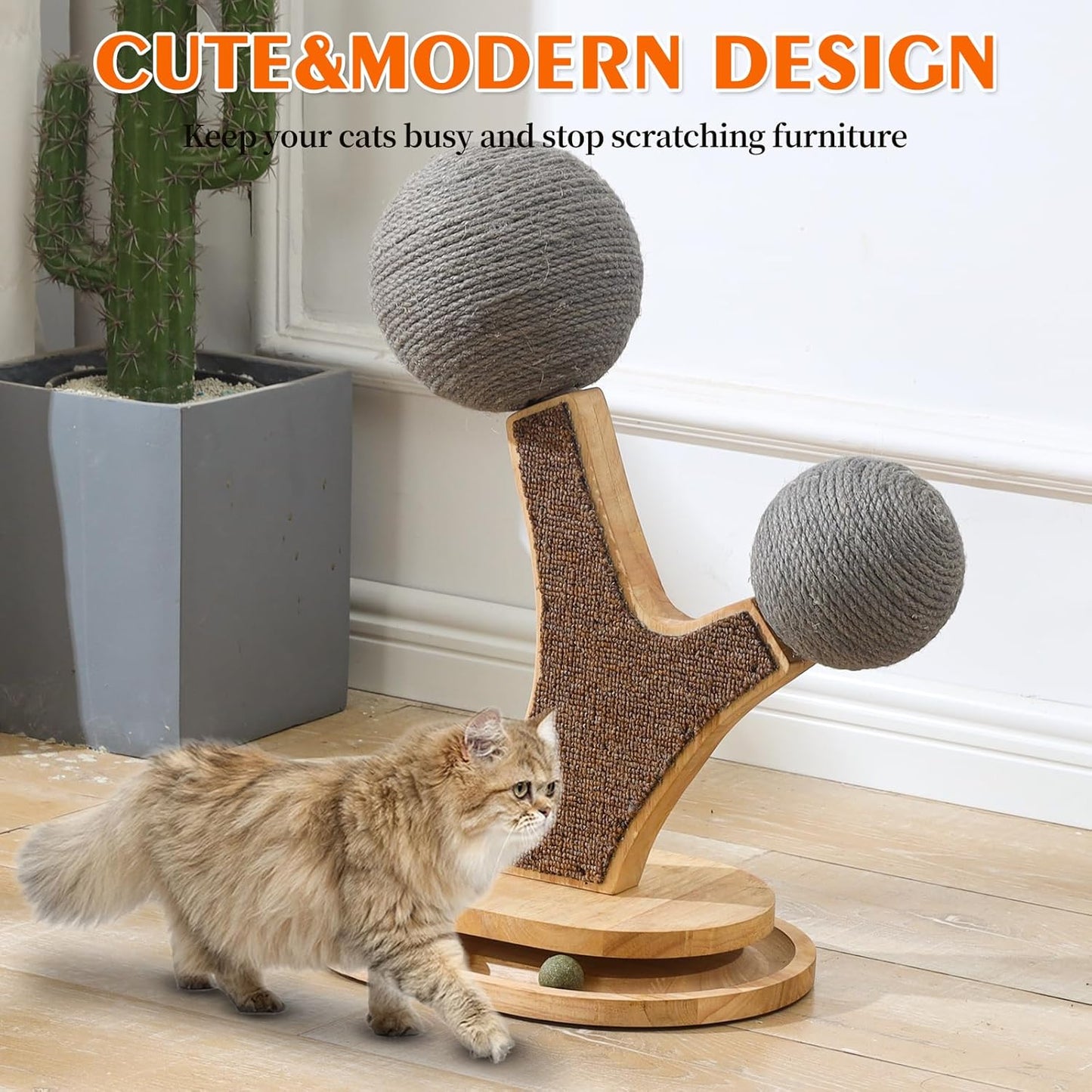 Tree-Shaped Cat Scratching Post with Vertical Cat Scratcher, Interactive Toy Balls, Handmade Cat Furniture with Natural Materials, Cute Kitten Scratch Post, Easy-to-Clean