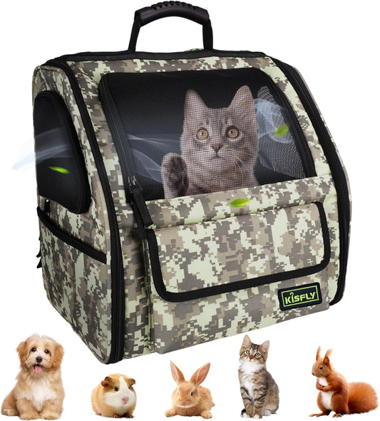 Collapsible Cat Backpack Carrier, Dog Backpack Carrier for Small Dogs Cats Up to 12 Lbs, Three-Sided Breathable Pet Backpack with Soft Padded, Designed for Outdoor and Travel Use, Camo