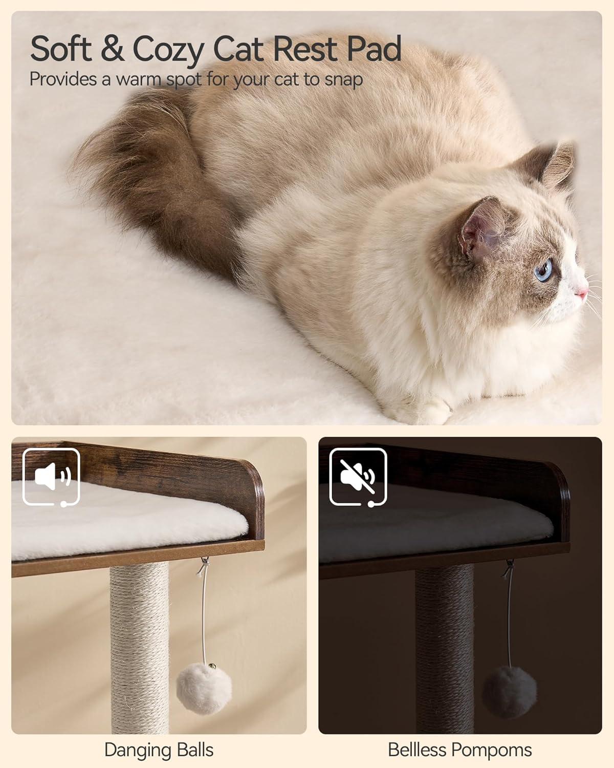 FourFurPets 43.7" Cat Tree, Modern Cat Tree Tower, Cat Tower for Indoor Cats Large Adult, Cat Condo with Scratching Post, Large Perch and Removable Pads,Rustic Brown