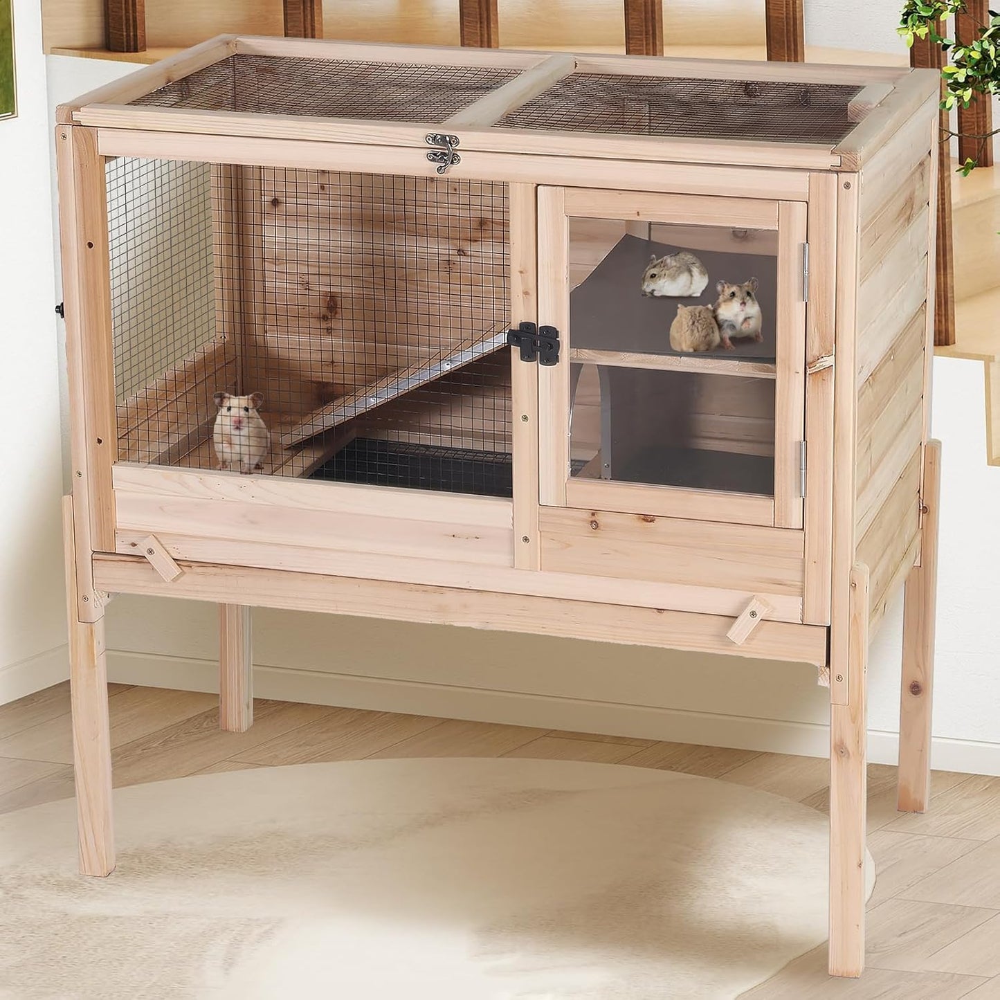AIVITUVIN Wooden Guinea Pig Cage Indoor with Cooling Plate and Anti-Chewing Edges Two-Story Rabbit Hutch Pull Out Tray Outdoor Rabbit Cage with Raised Stand and Wire Mesh Small Animals Cage (Nature