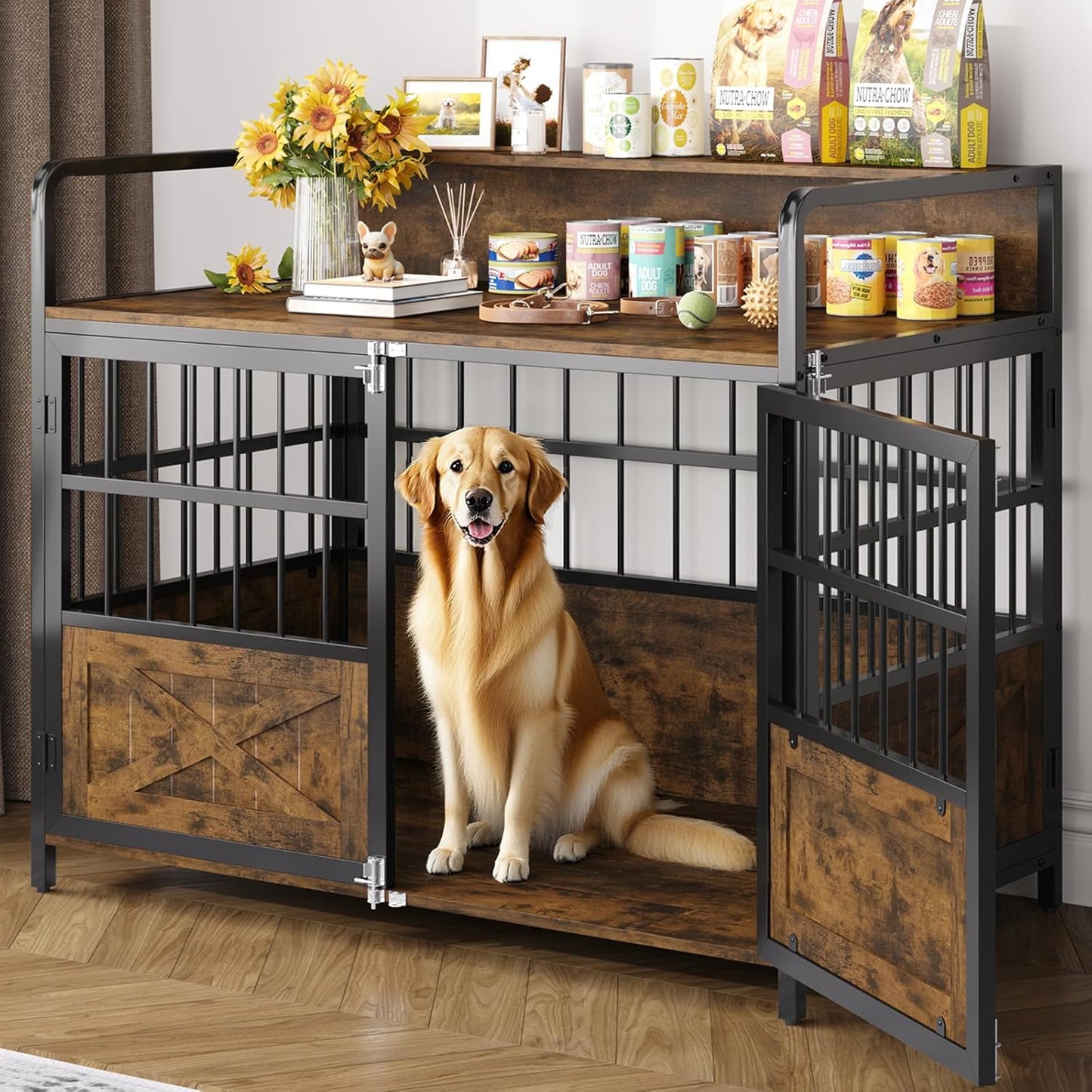 45.3" Dog Crate Furniture for Large Breed, Heavy Duty XL Dog Kennel Indoor with Storage Shelf, Farmhouse Wooden Pet Crate, Chew-Resistant, Brown (45.3" W x 23" D x 39.4" H)