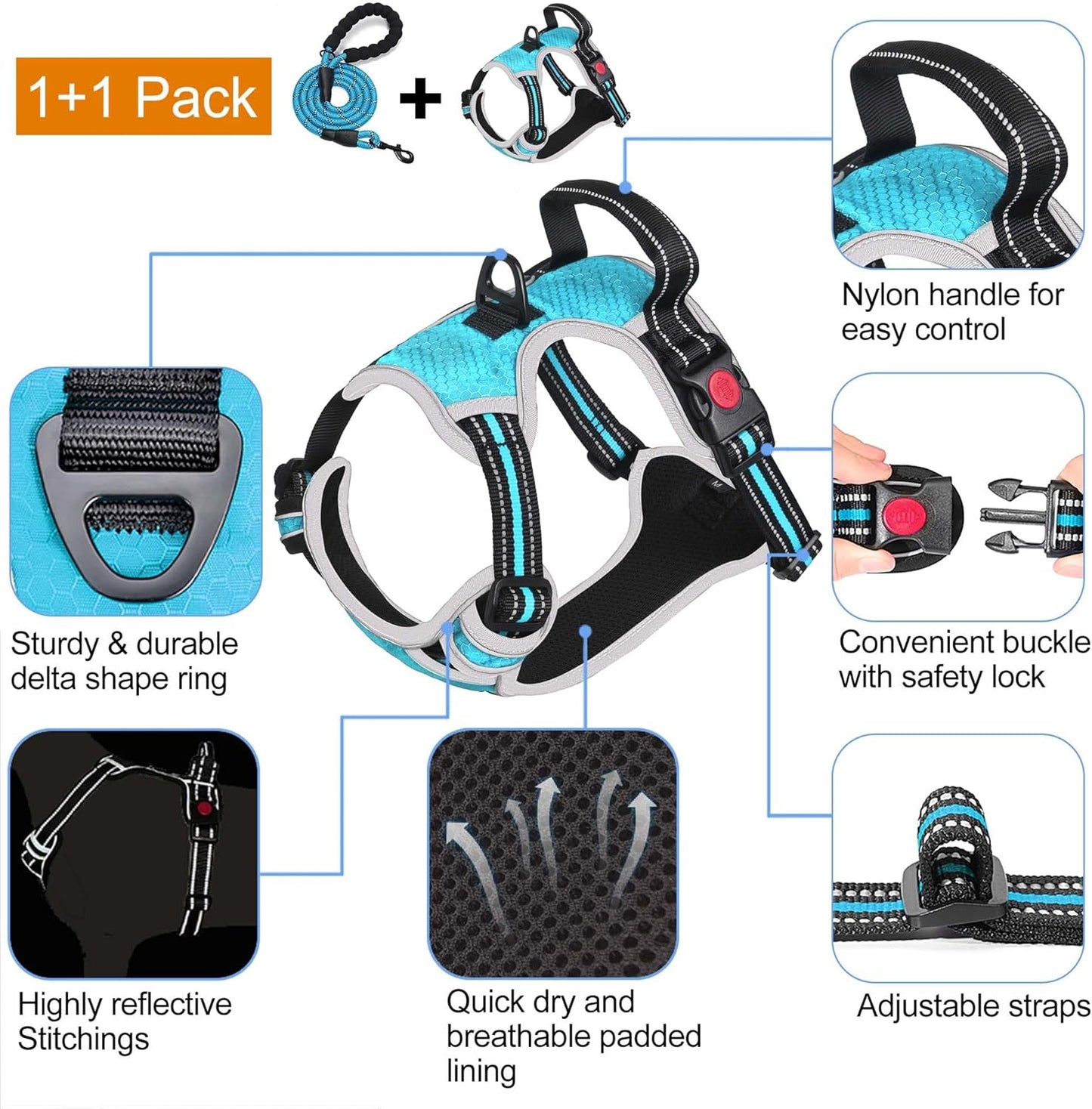 No Pull Dog Harness Adjustable Reflective Oxford Easy Control Medium Large Dog Harness with A Free Heavy Duty 5ft Dog Leash