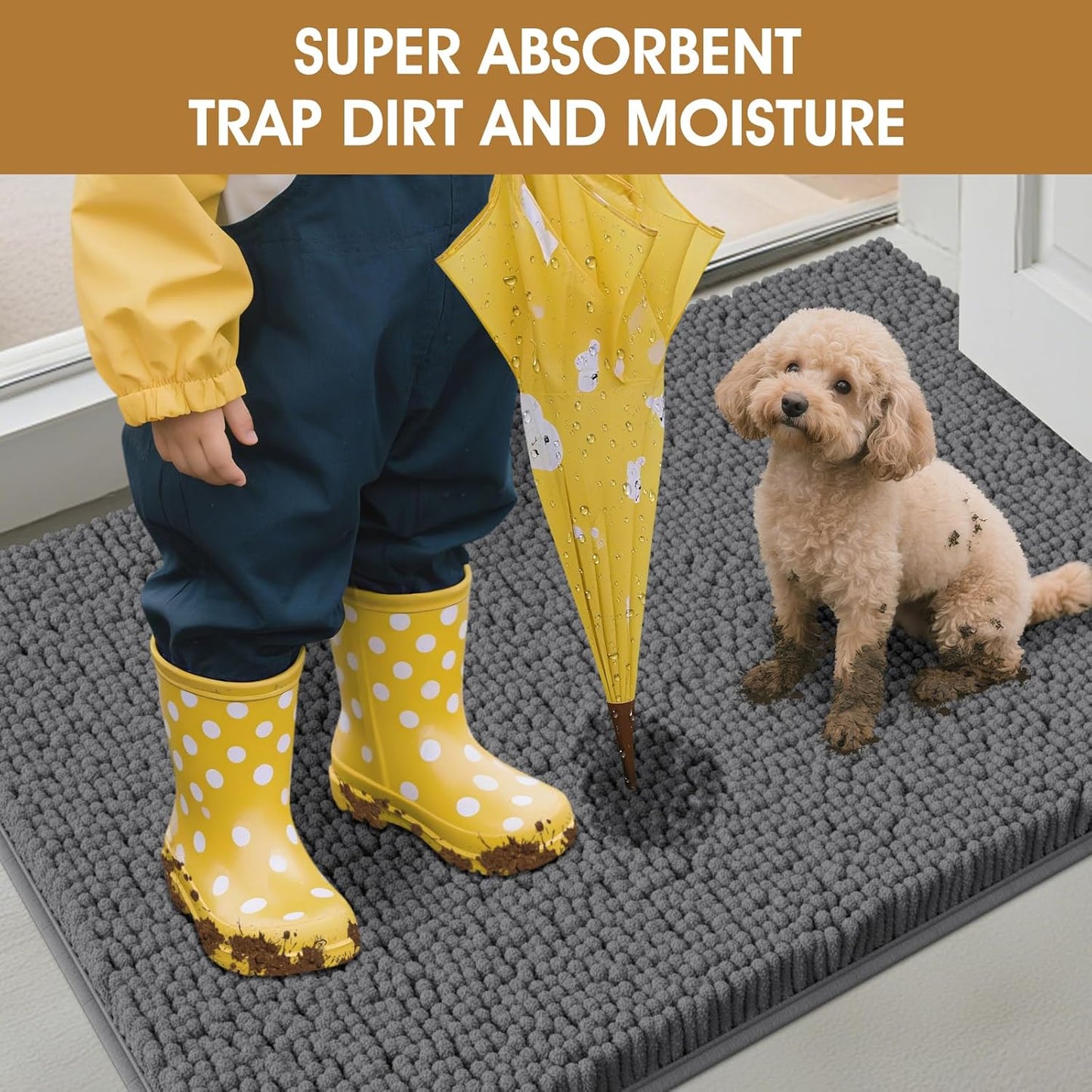 2 Pieces Muddy Door Mats for Dogs, Chenille Absorbent Pet Mats, Quick Dry, Trap Dirt Non Slip Heavy Indoor Doormat Soft Dog Bed Mat Front Inside Door Mat for Indoor Outdoor Entrance,Grey