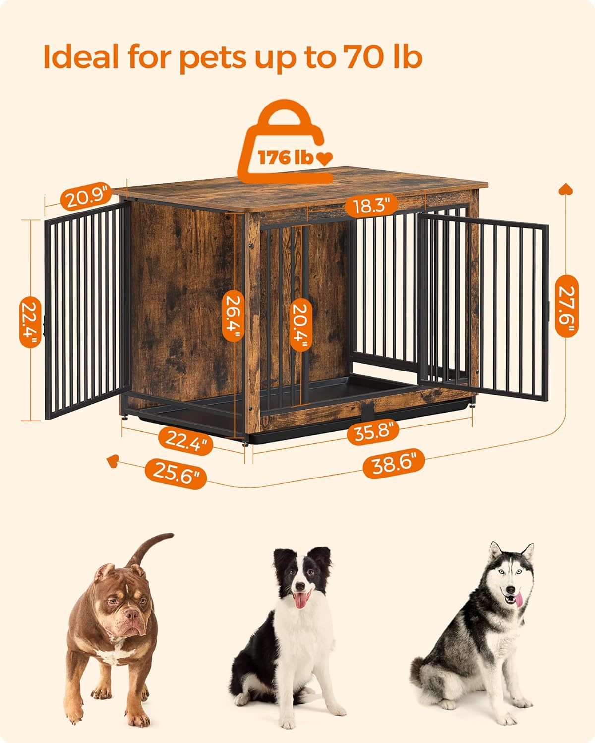 Feandrea Dog Crate Furniture, 38 Inches Dog Kennel for Dogs up to 70 lb, with Removable Tray, Heavy-Duty Dog Cage End Table, Double Doors Dog House, Rustic Brown UPFC013X01