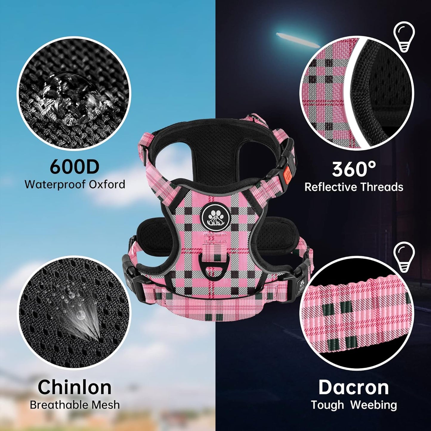 NESTROAD No Pull Dog Harness with Leash, Reflective No Choke Pet Vest Harness,Adjustable Soft Padded Dog Harness with Easy Control Handle for Medium Dogs(Checkered Pink,Medium)