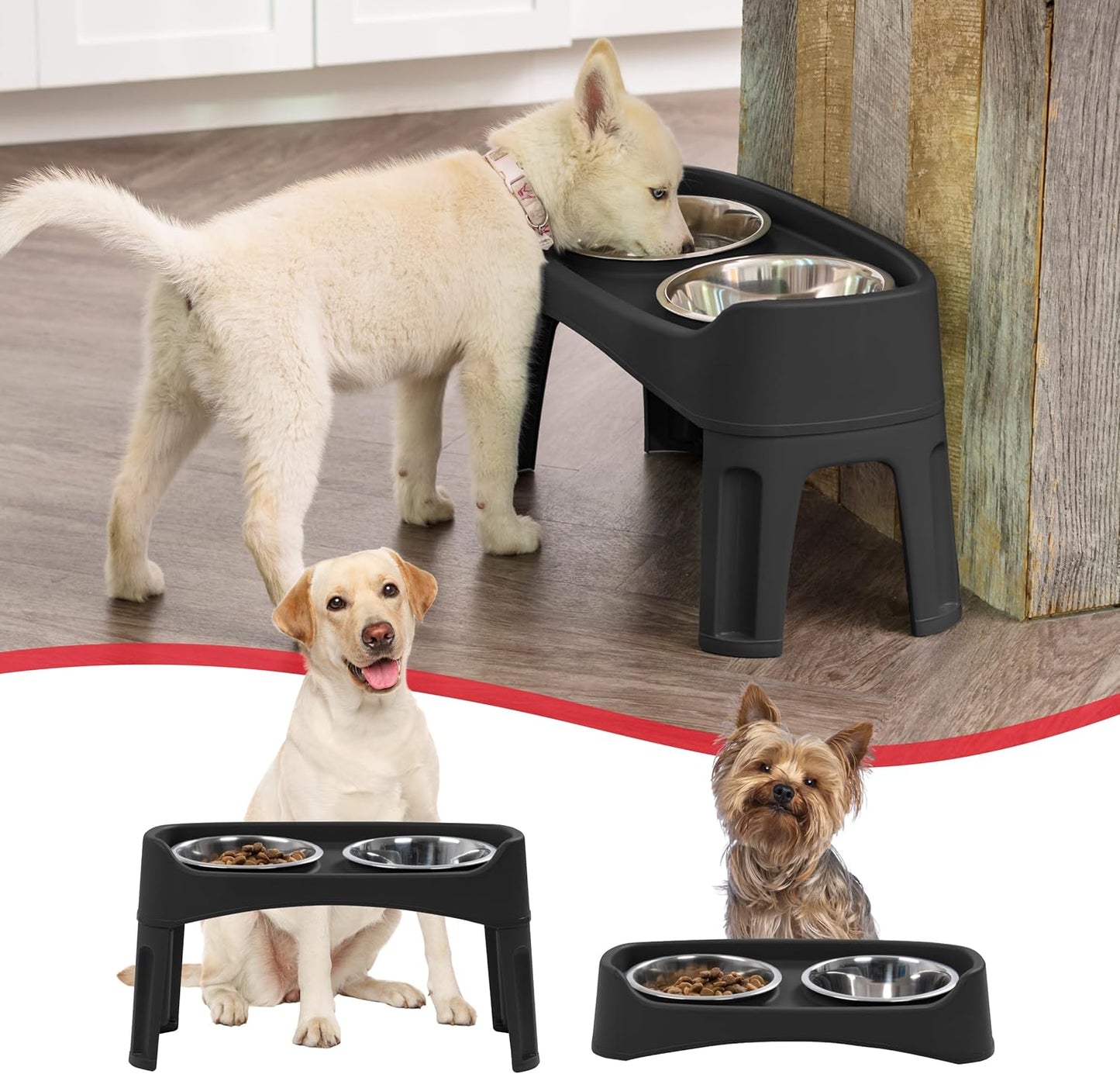 IRIS USA Elevated Dog Bowls, Adjustable Height, 2 Thick 64 oz Stainless Steel Bowls, Spill-Proof with Raised Outer Rim, Durable Made in USA Plastic, Easy Assemble, 2 Heights 4.63" or 12.25" Black