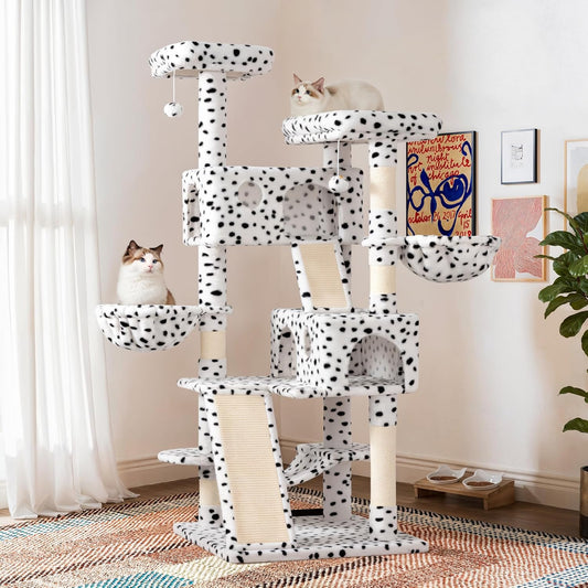 SHA CERLIN 65in Larger Cat Tree Tower Condo for Indoor Kitties/Multi-Level Furniture Activity Center with Wide Base/Cozy Plush Perches/Baskets/Sisal Scratching Posts and Hammock/White & Black Spot