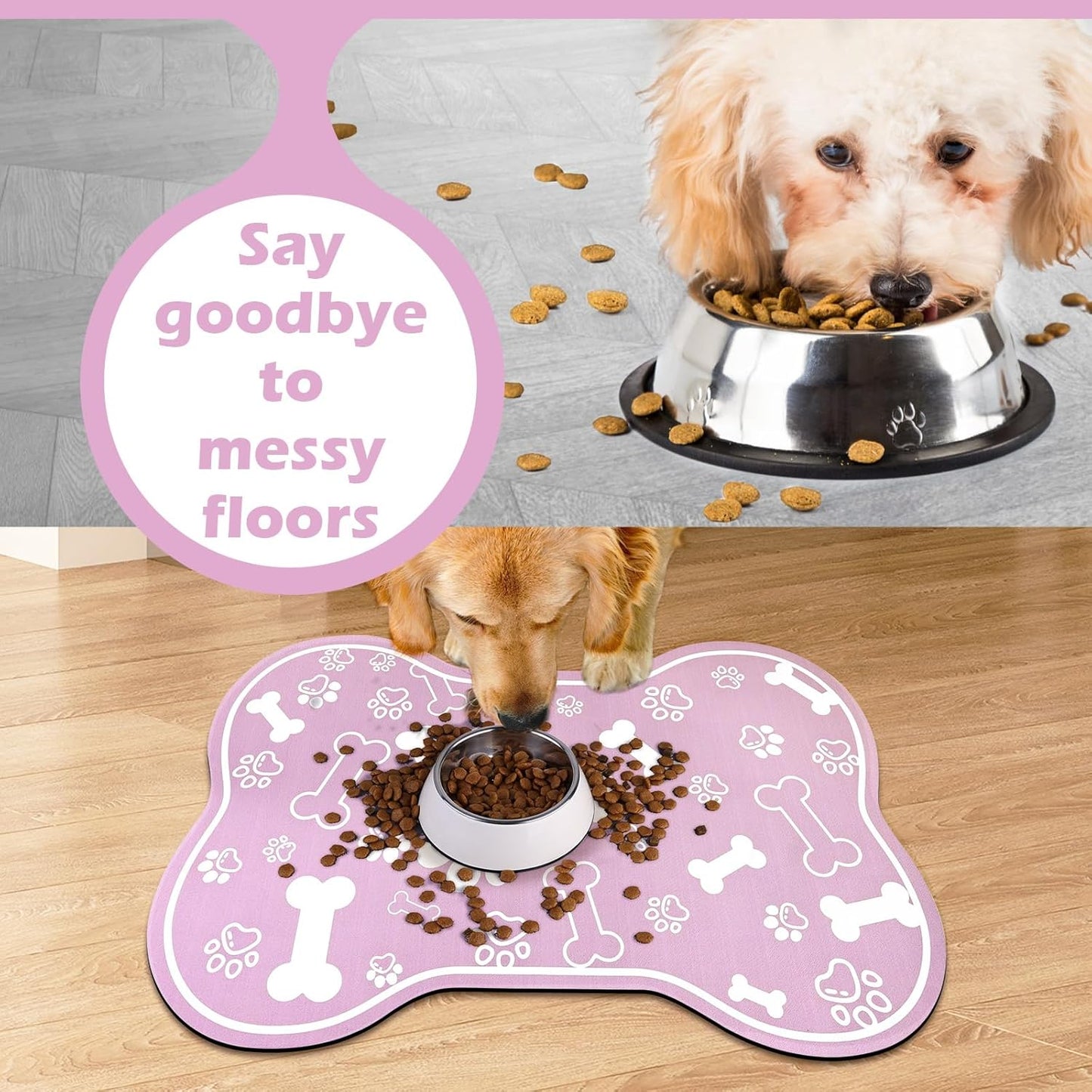 Dog Cat Mat for Food and Water,Rapid Absorbent Pet Feeding Mat, Bone Shaped Dog Placemat Bowl Mat with Rubber Backing,No Stains Pet Food Mats Indoor, Pet Accessories Supplies,Pink 17"×29"