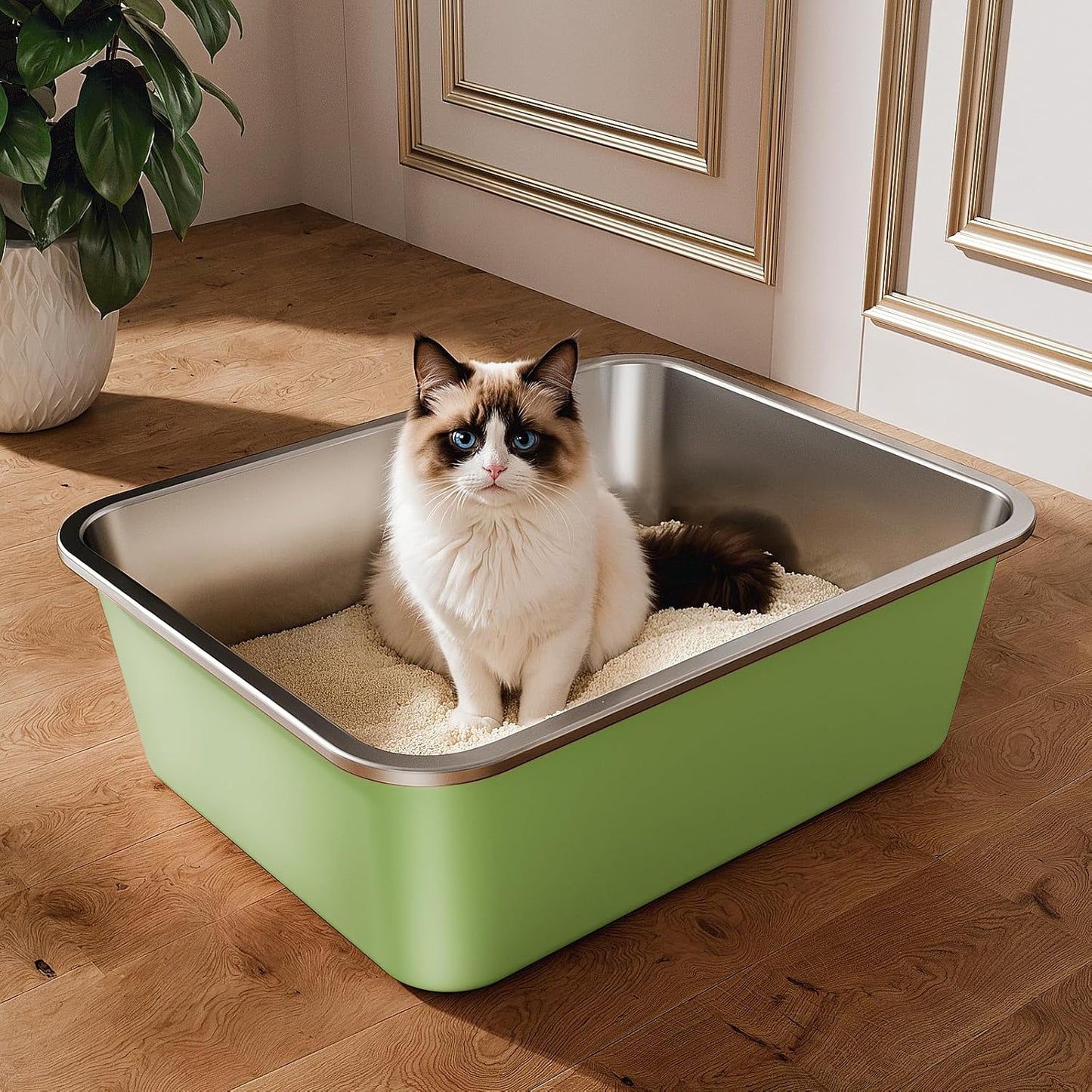 Stainless Steel Litter Box, Large Metal Cat Litter Box with High Sided for Big and Small Cats, Non-Stick, Easy to Clean, Odor-Free, 17.5" L×13.6" W×5.9" H, Leaf Green