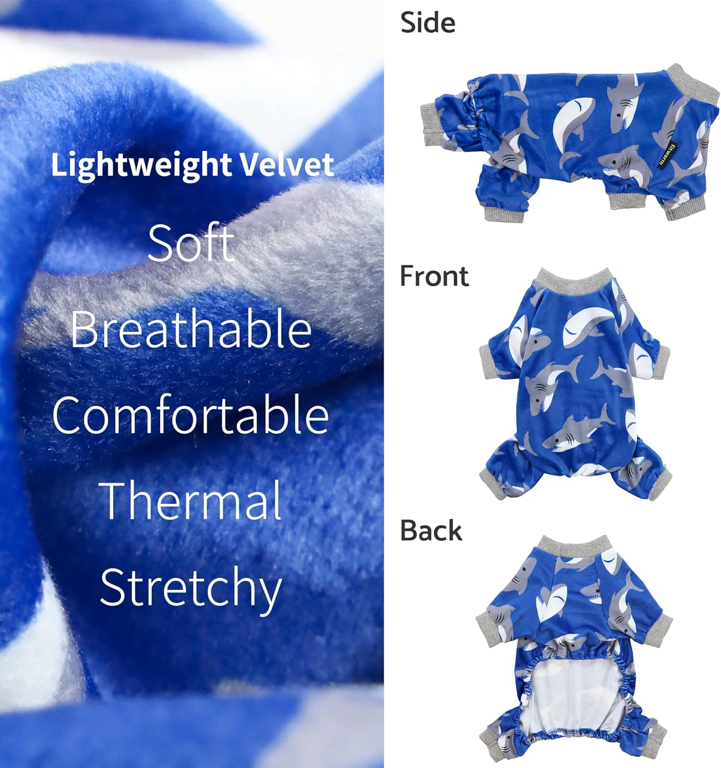 Fitwarm Shark Dog Pajamas, Dog Clothes for Small Dogs Girl Boy, Pet Onesie with Feet, Cat Outfit, Lightweight Velvet, Royal Blue, XL