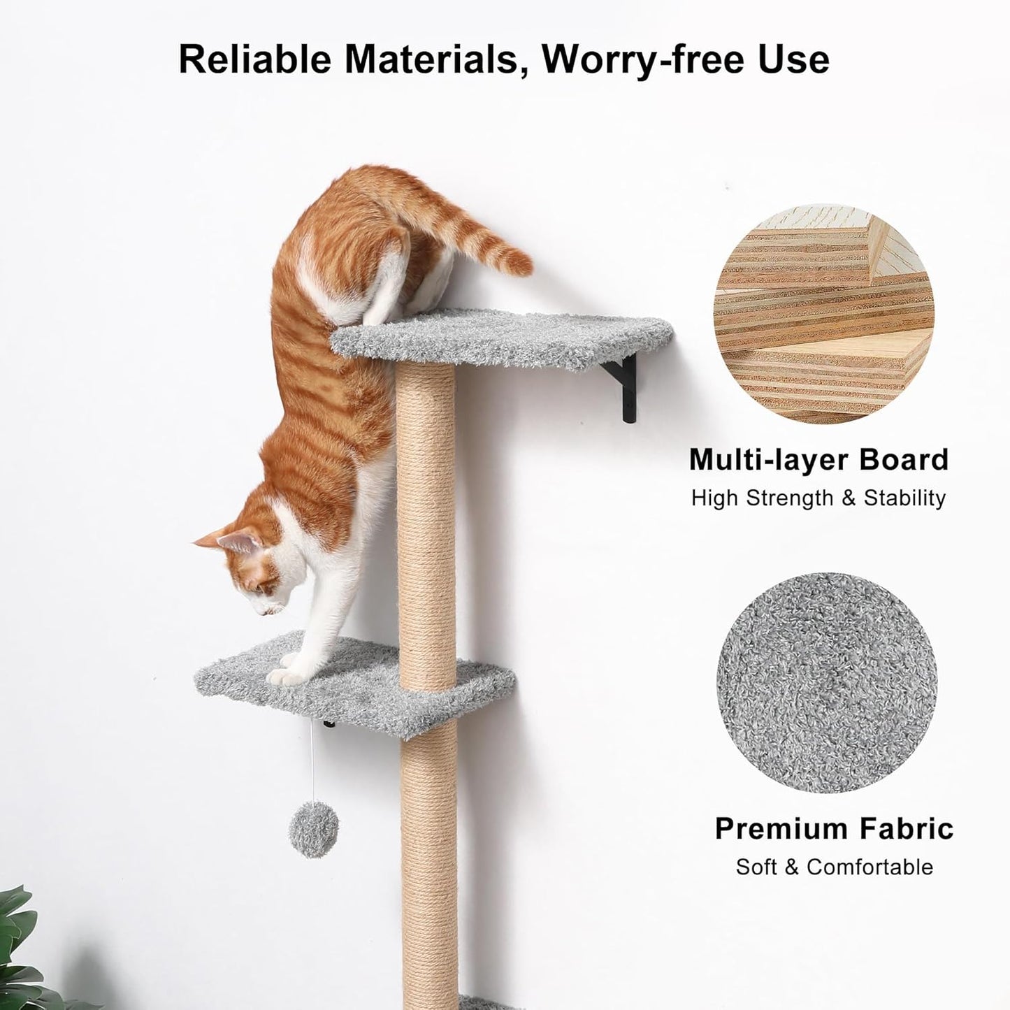 FUKUMARU Cat Wall Shelves, Stable & Safe 4 in 1 Cat Furniture Set, Wooden Climbing Wall with Scratching Post for 16 Inch Drywall - Light Gray