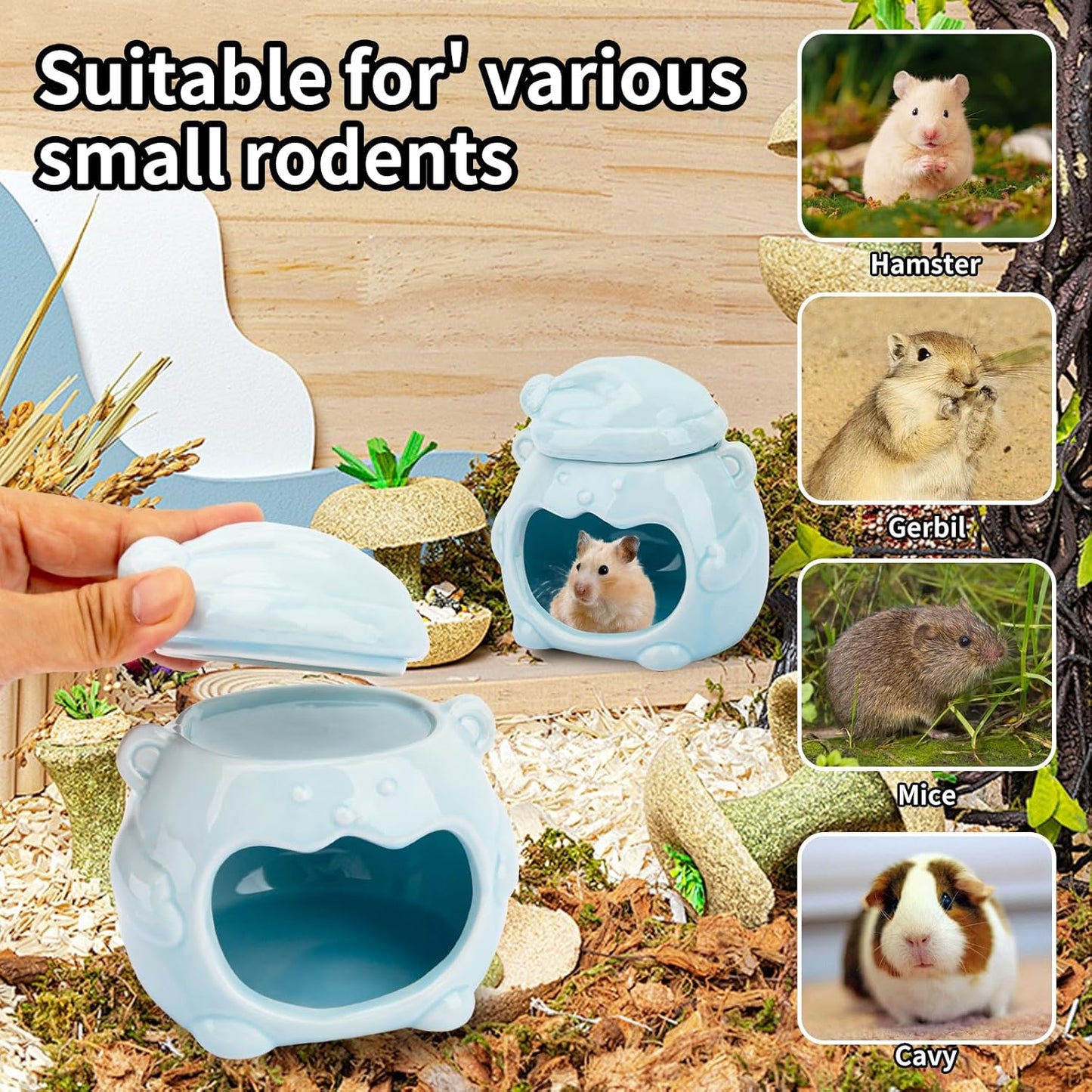 3-in-1 Bear Shaped Ceramic Hamster House - Cool House for Syrian Dwarf Hamsters, Mice, Gerbils， Small Pets, Top for Hamster Food, Removable Lid for Ice Packs, Cute Cool Hideout for Summer（Blue）