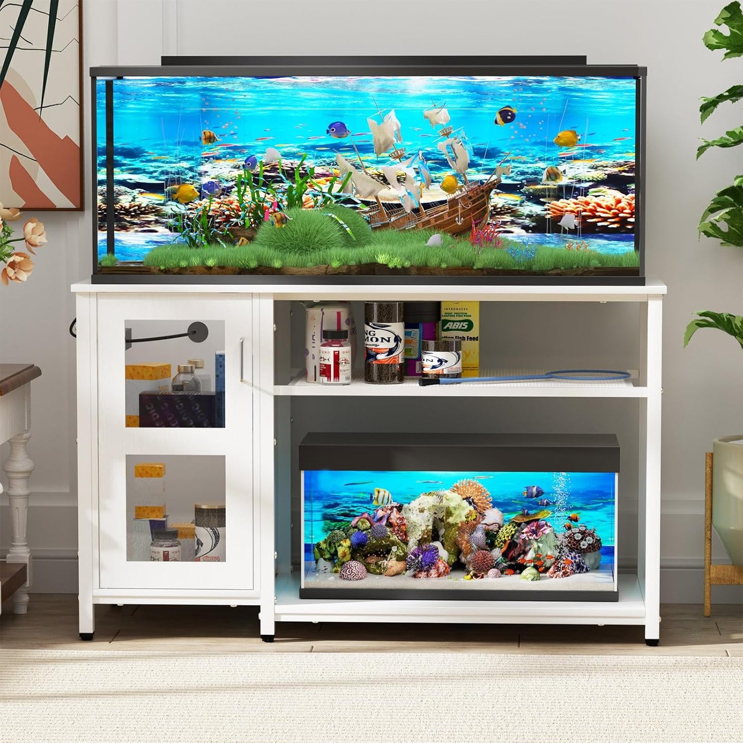 55-75 Gallon Fish Tank Stand with Cabinet, Aquarium Stand for Fish Tank Accessories Storage, Heavy Duty Metal Terrarium Stand, 52" L*19" W Tabletop, 1200LBS Capacity, White