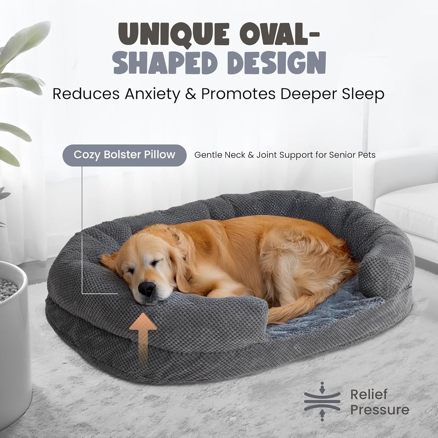 Orthopedic Dog Bed for Large Dogs, Egg Crate Memory Foam Fur Sofa with Comfortable Sides, Soft and Big Dog Couch Bed with Washable Removable Cover and Non-Slip Oval Bottom, 43" Grey