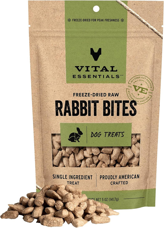 Vital Essentials Rabbit Bites Dog Treats, 5 oz | Freeze-Dried Raw | Single Protein | Premium Quality High Protein Training Treats | Grain Free, Gluten Free, Filler Free