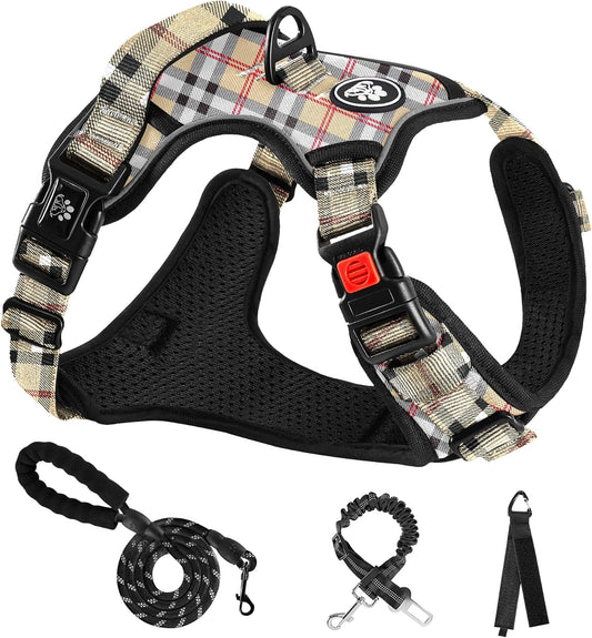 NESTROAD No Pull Dog Harness with Leash, Reflective No Choke Pet Vest Harness,Adjustable Soft Padded Dog Harness with Easy Control Handle for Medium Dogs(Checkered Beige,Medium)