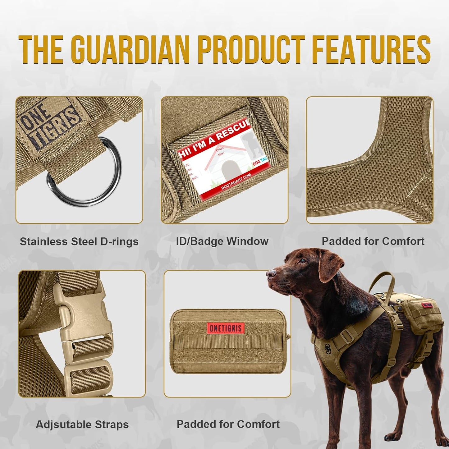 OneTigris Service Dog Vest Harness, Service Dog Cape Guardian Dog Backpack Harness with Pouches Dog Saddle Bag for Small Medium and Large Dogs (Brown, Small)