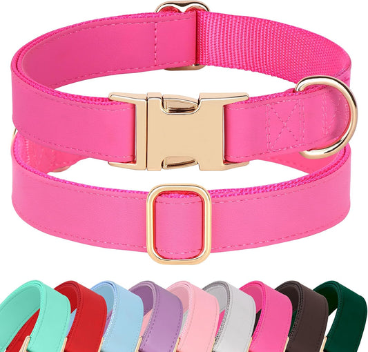 PET ARTIST Soft PU Leather Dog Collar, Bright & Stylish Hot Pink Dog Collar Girl with Quick Release Rose Metal Buckle, Nylon Padded Durable Pet Collars Adjustable for Medium Dogs, Neck Fit 13-19"
