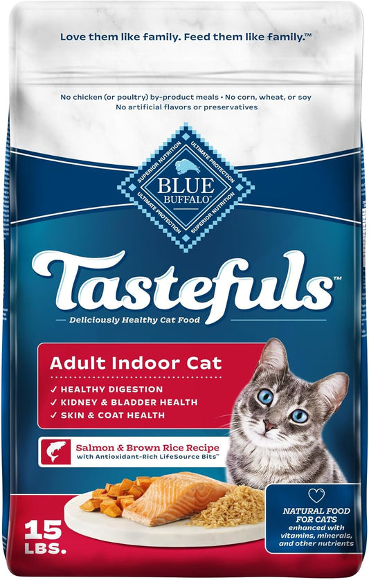 Blue Buffalo Tastefuls Natural Dry Food for Adult Indoor Cats, Salmon & Brown Rice Recipe, 15-lb. Bag