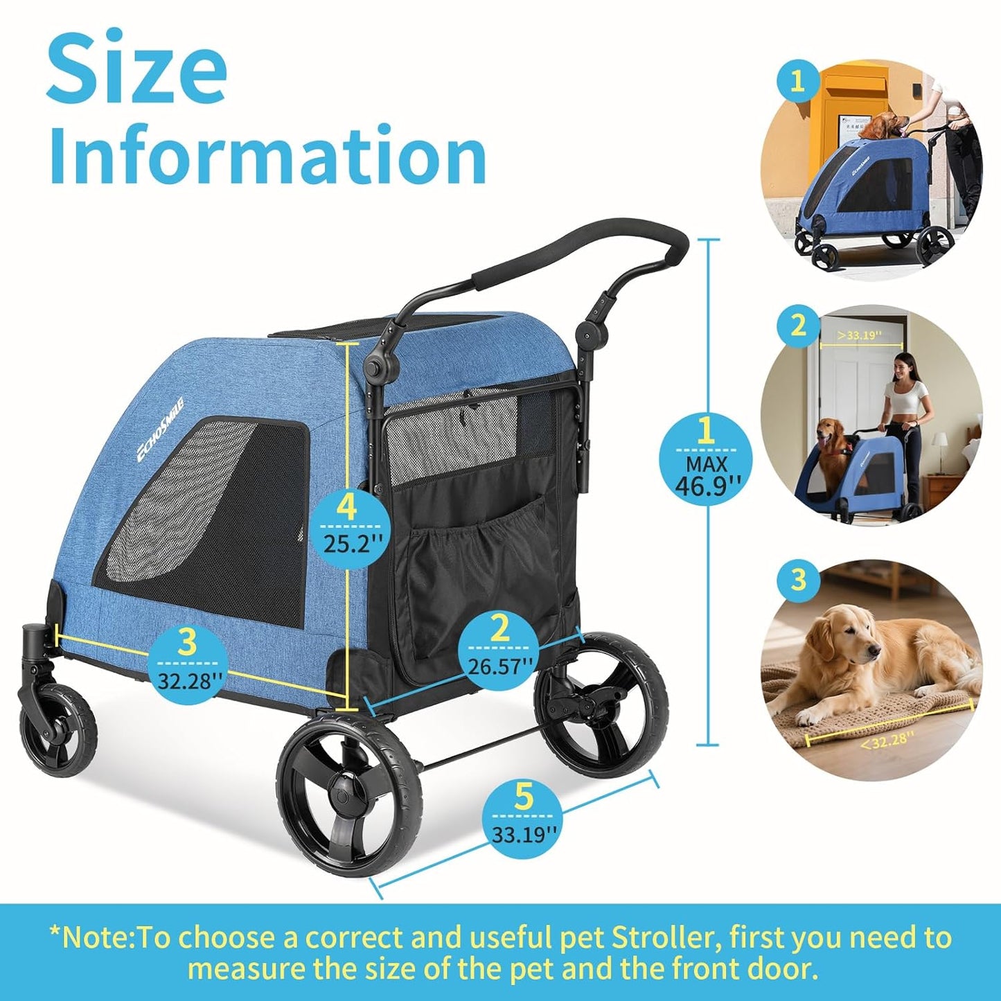 EchoSmile Heavy-Duty Large Dog Stroller with Shock-Absorbing Wheels, Foldable Pet Travel Carrier for Medium & Large Dogs, 5 Mesh Windows, 160 lbs Capacity, Easy Assembly & Storage
