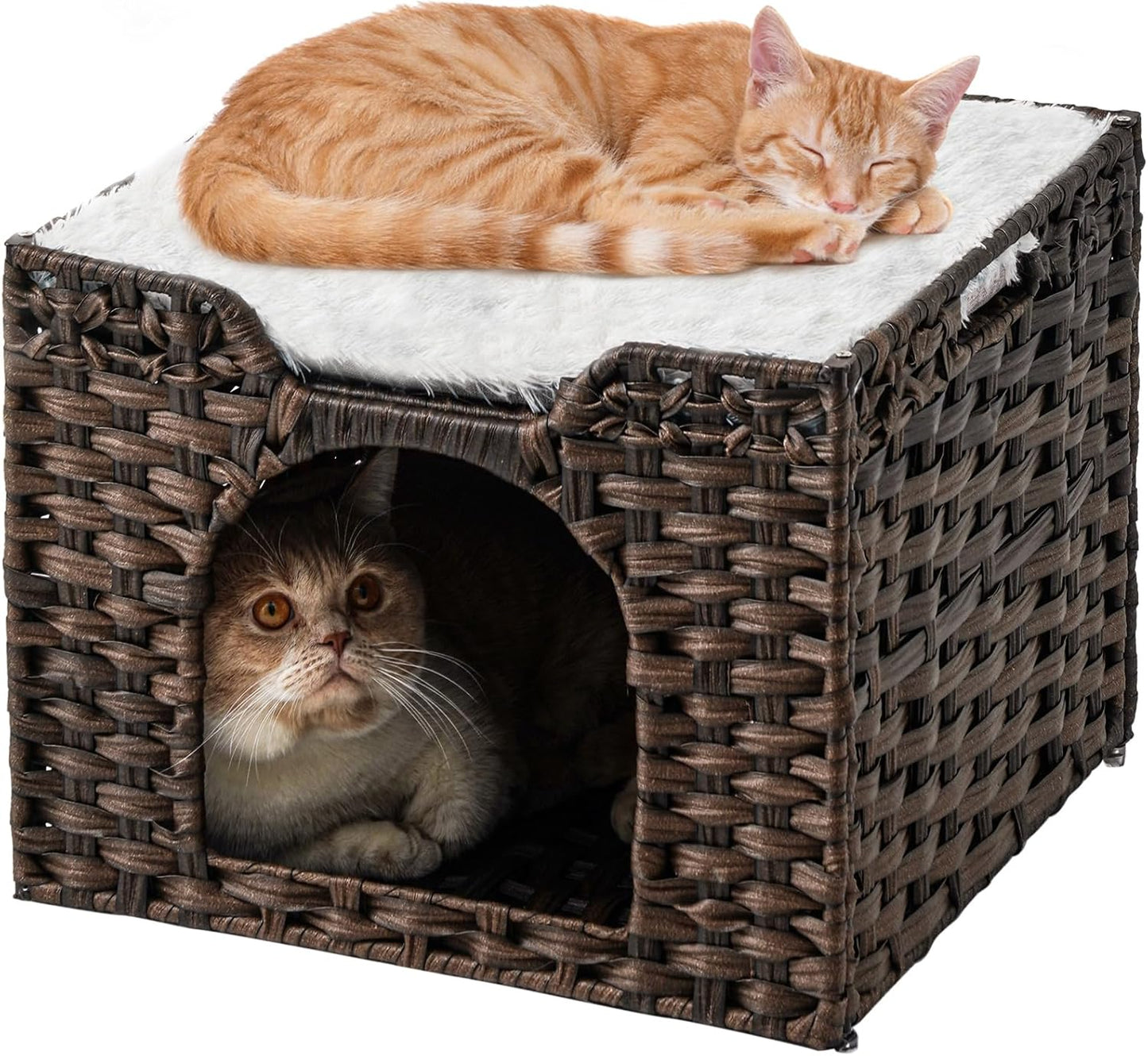 Cat Beds Indoor Kitten House, Handwoven Rattan Cat Cave Pet Cube, Large Cat Houses, One Bed Mat, Foldable, Hideaway, 16.5x16.5x13.2 Inches, 2 S-Shaped Hooks in Living Room Bedroom Brown