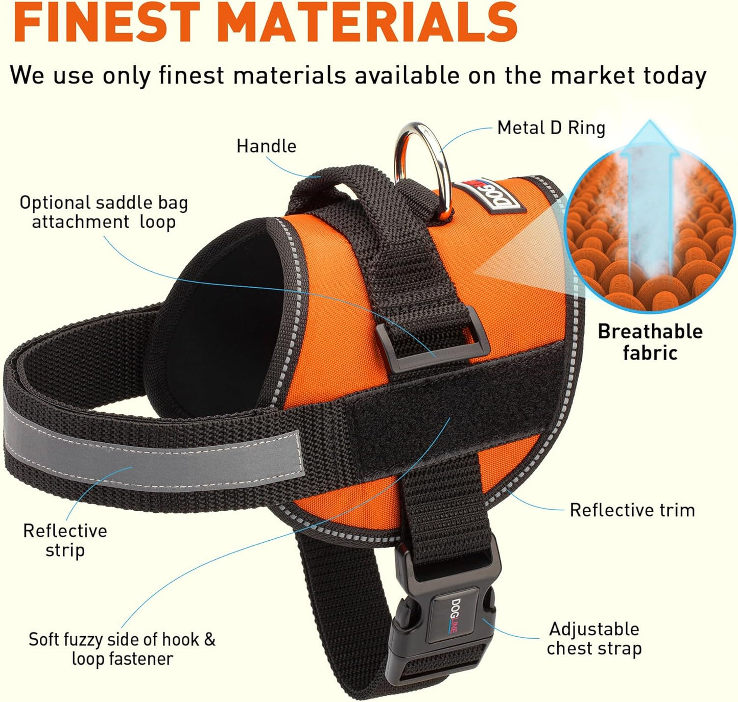 Dogline Dog Harness, Reflective No-Pull Adjustable Vest with Handle for Walking, Training, Breathable, No - Choke Harness for Small, Medium or Large Dogs Room for Patches Girth 33"-46" in Orange