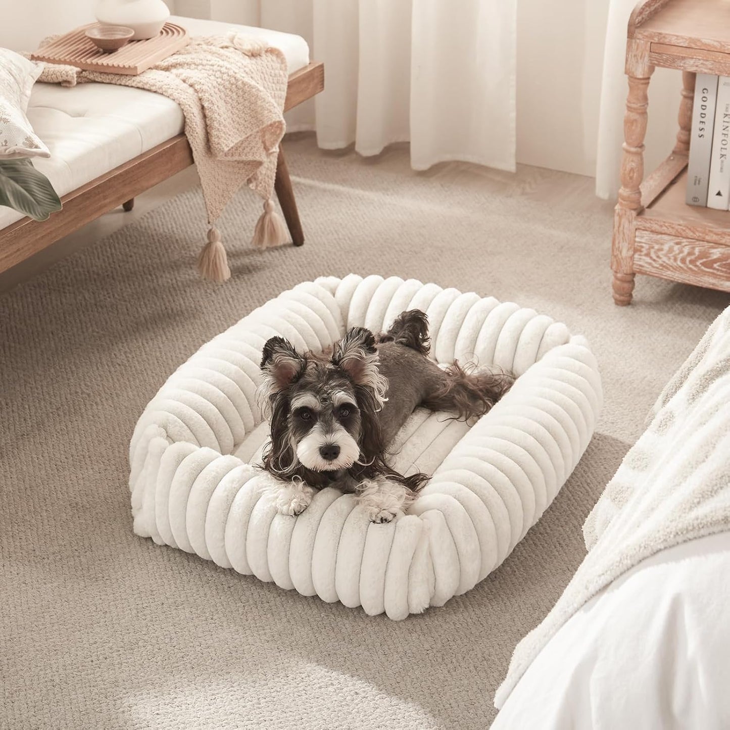 Dog Beds for Small Dogs, Washable Dog Bed with Removable Cover, Rectangle Soft Calming Sleeping Puppy Bed Durable Pet Cuddler with Anti-Slip Bottom, 20"x19"x6" Cream