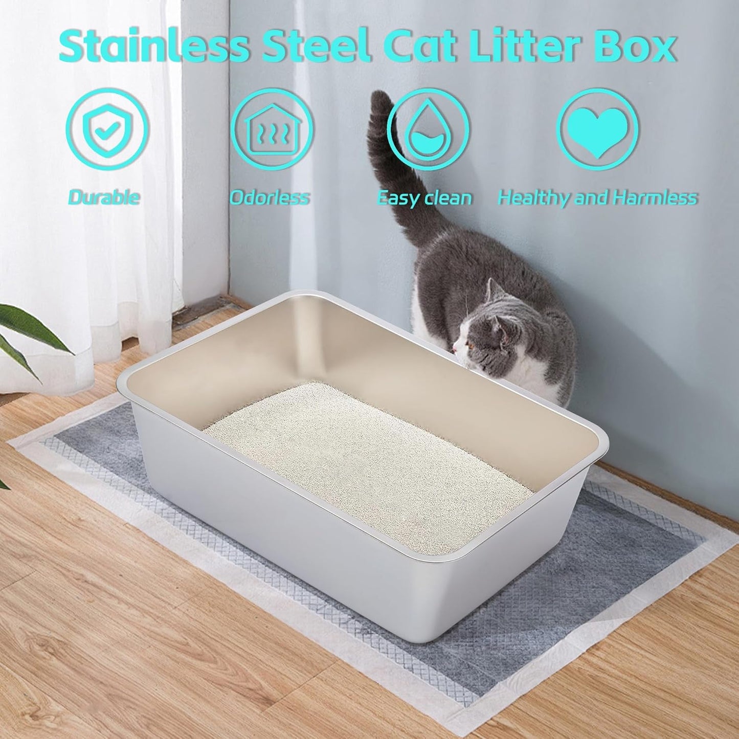 Stainless Steel Litter Box,Metal Litter Box for Big Cats 8IN Deep, Cat Litterbox 2 Pack Easy to Clean-High Sided,Stainless Steel CatLitters Box for Adult Cats,Non Stick, No Smell