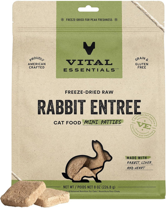 Vital Essentials Freeze Dried Raw Cat Food, Rabbit Mini Patties Entree, 8 oz
