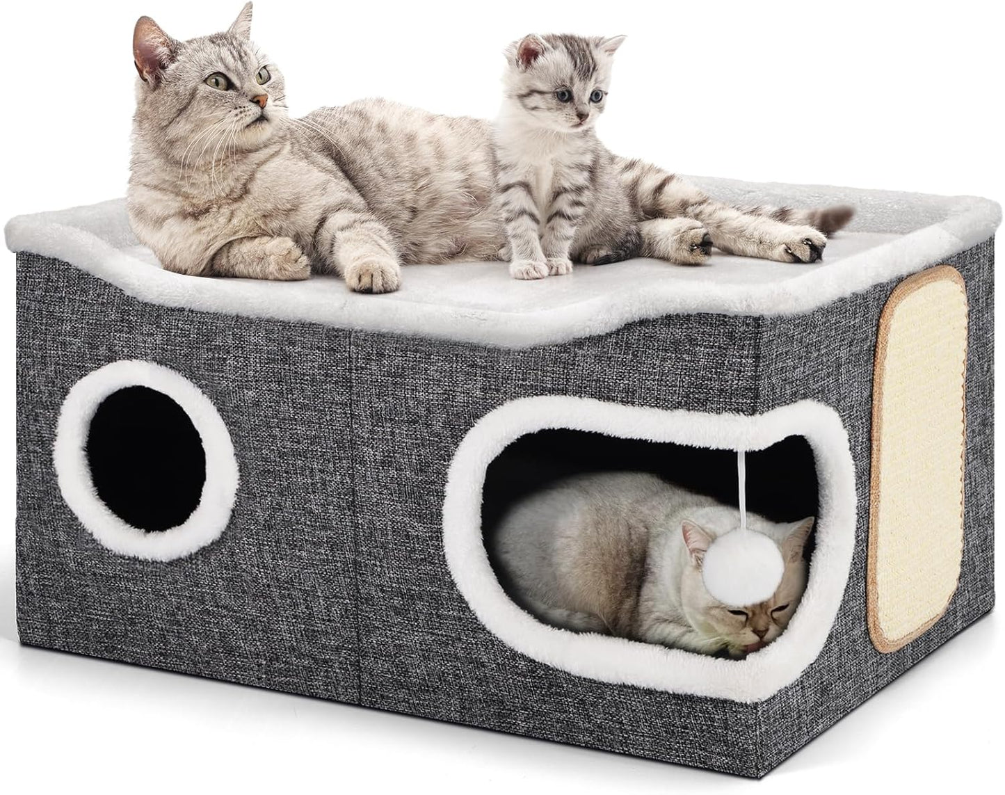 Cat Beds for Indoor Cats, Extra Wide Cat Cube House for Multi Cats, Foldable Cat Cave Hideaway with Arc-Edge Design & Oval Door, Double-Side Soft Cushion for All Seasons, 24"L x 17.7"D x 12.6"H, Grey