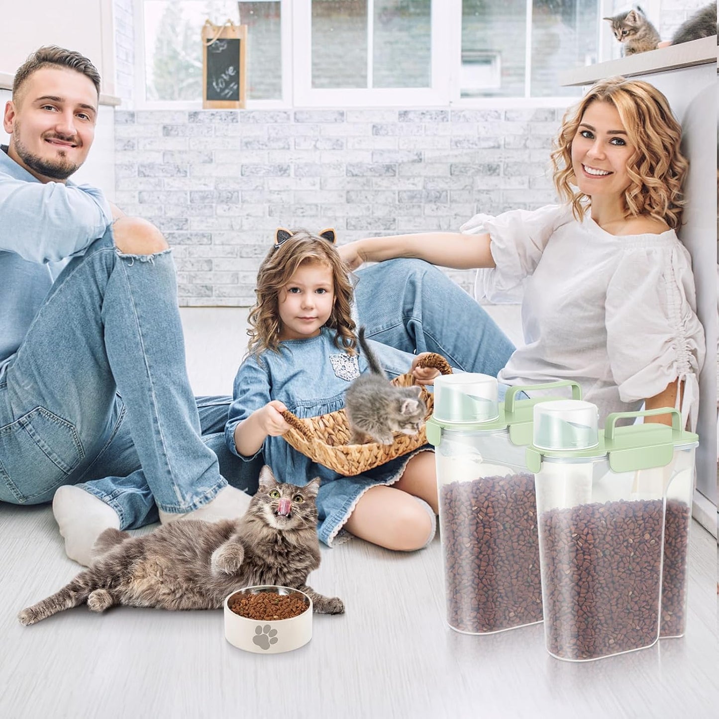 5-7Lbs Dog Cat Food Storage Container with Upgraded Large Nozzle BPA-free, 4 Snap Seals Plastic Pet Food Storage Containers with Handles (2, Light Green, 5L)