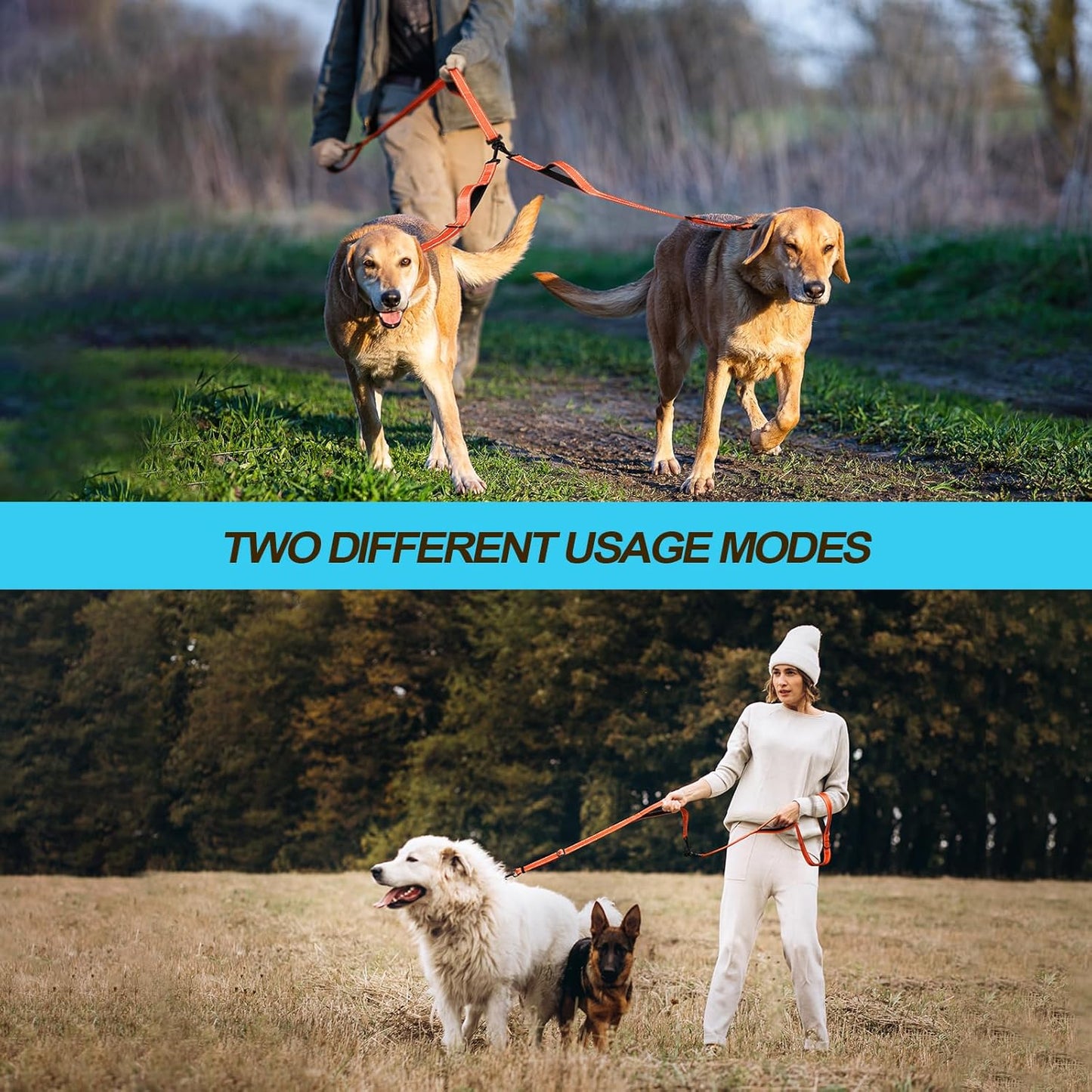 PetBonus Double Dog Leash, No Tangle Dual Leash, Reflective Walking Training Lead, 4 Comfortable Padded Handles for 2 Dogs with Collapsible Bowl and Waste Bags (Orange, Large)