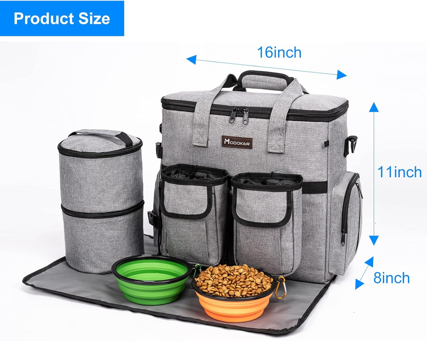 Airline Approved Dog Travel Bag with 2 Dog Treat Training Pouches, Tote Organizer for Weekend Pet Travel Supplies & Accessories, 2 Collapsible Bowls, 2 Food Container (Grey)