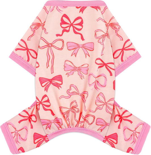 Dog Pajamas Small Sized Dogs Stretchable Summer Dog Clothes Pjs 4 Legs Girl Boy Cute Soft Puppy Outfits Doggie Cat Jammies Jumpsuit Sleeper for Pet (Bow Tie, Large)