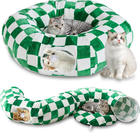 Cat Tunnel for Indoor Cats, Cute Peekaboo Cat Cave with Dangling Balls, Checkered Pet Donut Tunnel Bed with Circle Mat for Puppy Kitten Rabbit, Green/White