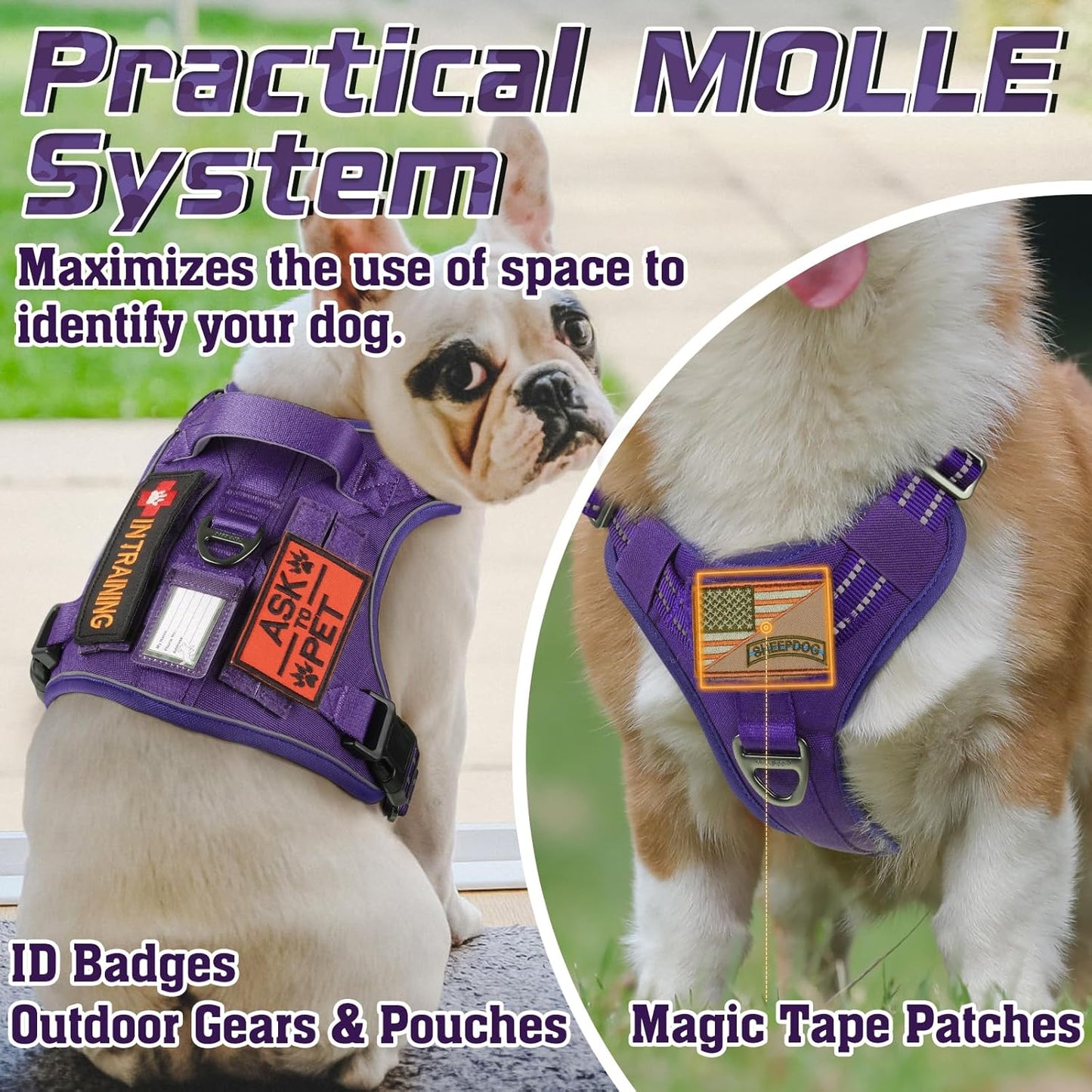 rabbitgoo Tactical Dog Harness for Large Dogs, No Pull Military Service Vest with Handle & Molle, Easy Control for Training Walking, Adjustable Reflective Straps, Purple, XL