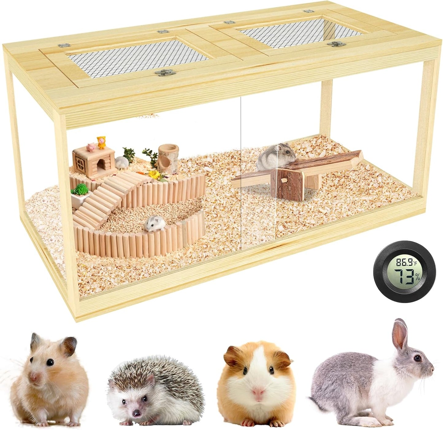 Large Hamster Cage 40", Lockable Sliding Door Gerbil Cage, Dwarf Hamster Cage with Metal Mesh Roof, Mice and Rat Habitat, Chewproof Syrian Hamster Enclosure, (Wooden, 40" L x 20" W x 20" H)