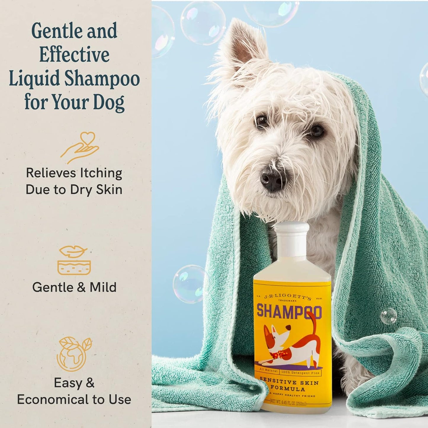 JR Liggett’s Natural Liquid Dog Shampoo for Sensitive Skin - 100% Detergent-Free, Non-GMO, Tear-Free Formula Gently Calms Dry, Itchy Skin - Safe for Puppies and for Regular Use - 8.45 fl oz