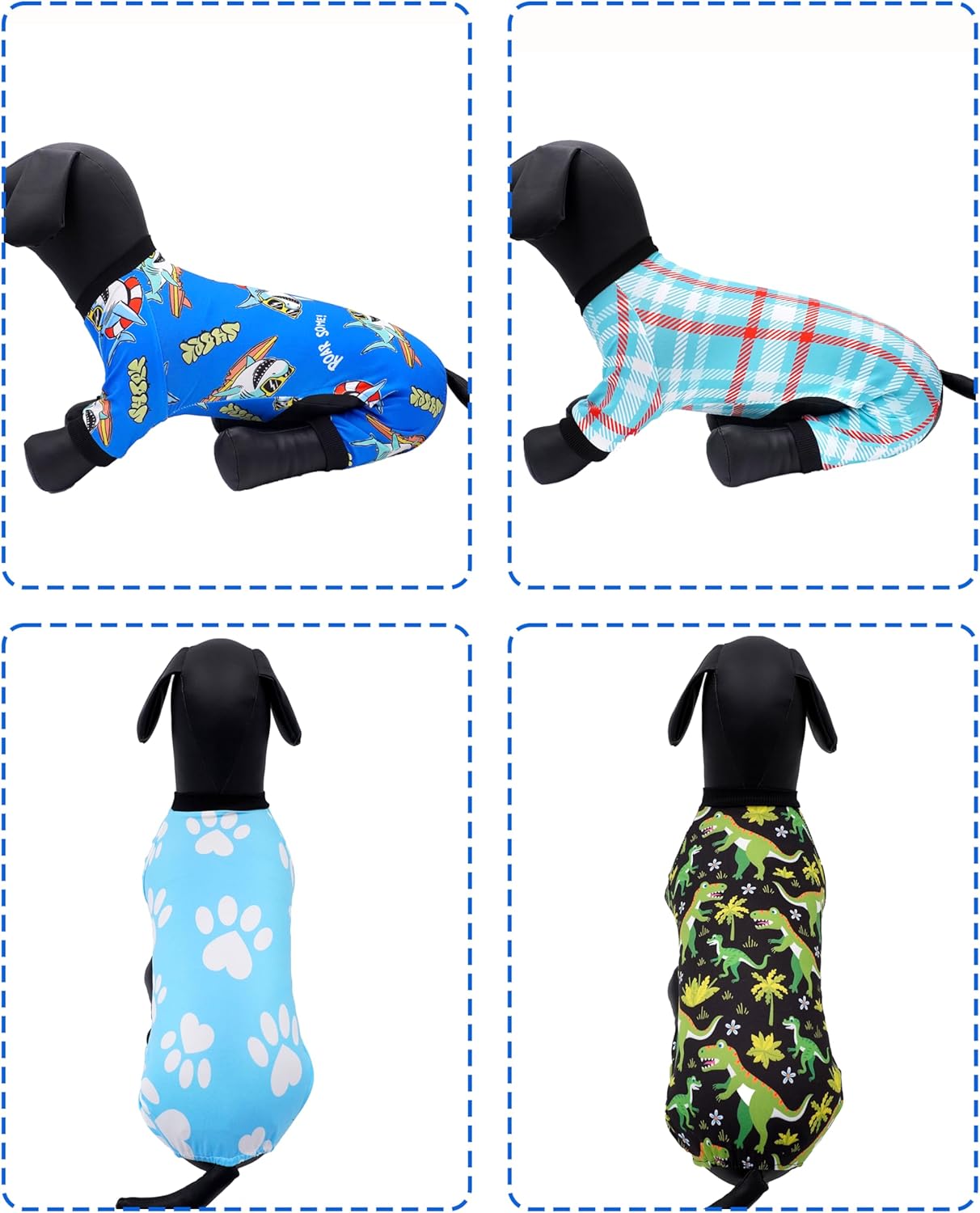 PET SHOW 4 Pack Small Dog Pajamas for Boy Doggies Dinosaur Shark Soft Stretchy PJs Plaid Jumpsuit Puppy Cats Paw Onesies Outfits with Sleeve Pets Breathable Summer Clothes Costume M