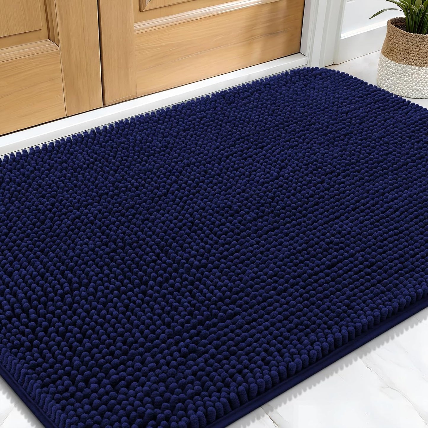 OLANLY Dog Door Mat for Muddy Paws 34x21, Absorbs Moisture and Dirt, Absorbent Non-Slip Washable Doormat, Quick Dry Chenille Mud Mat for Dogs, Entry Indoor Entryway Carpet for Inside Floor, Navy Blue