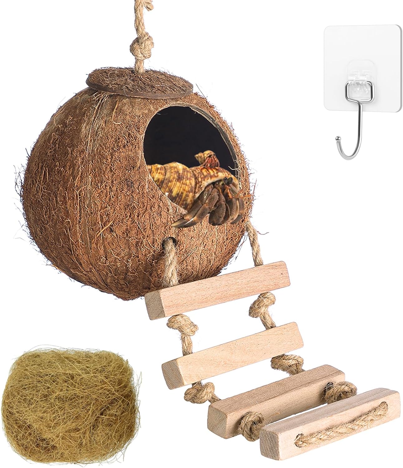 HERCOCCI Gecko Tank Accessories, Hermit Crab Toys Coconut Shell Natural Coconut Husk Hut with Climbing Ladder with Suction Cup for Leopard Gecko Snake Reptiles