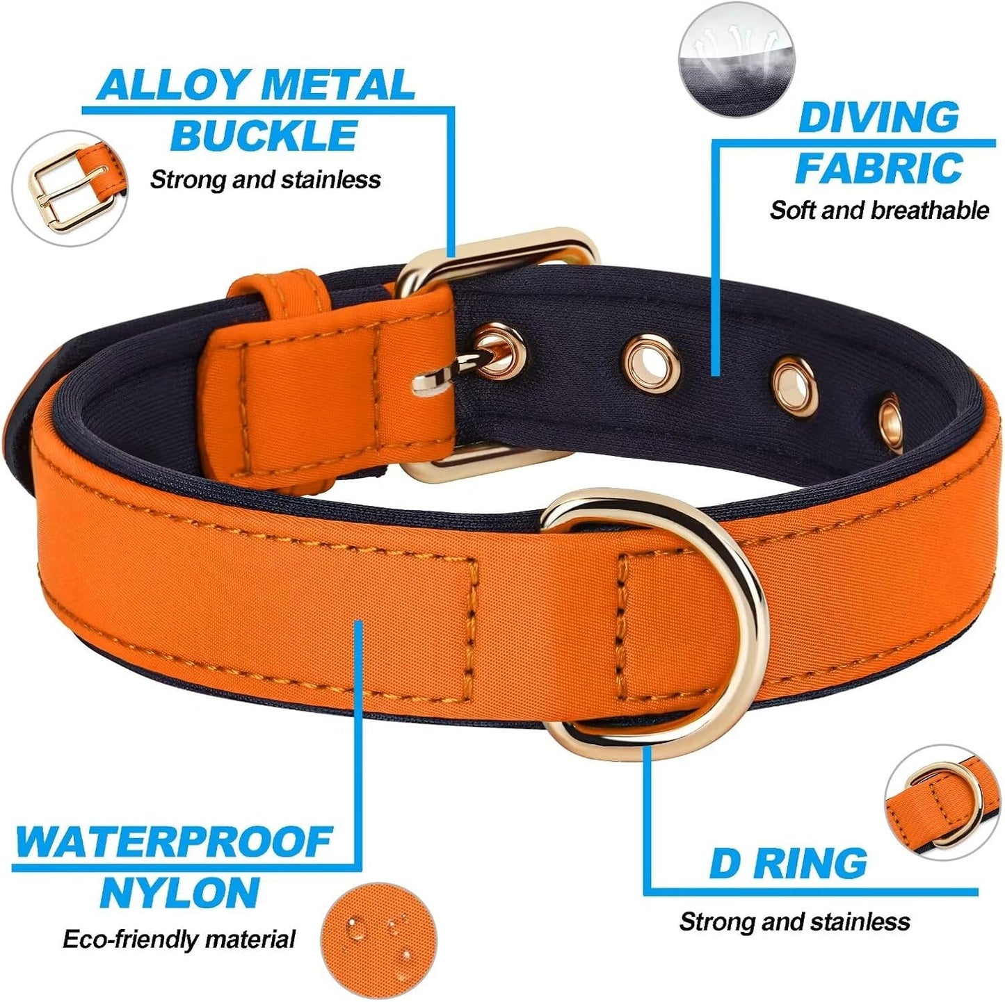 Didog Soft Padded Dog Collars for Medium Dogs, Lightweight and Breathable Dog Collar with Metal Buckle, Orange, L