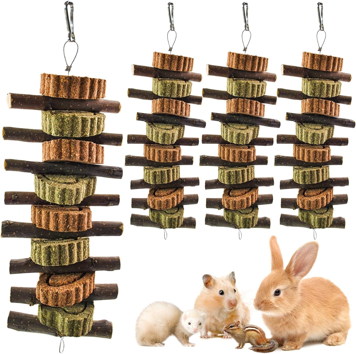 Rabbit Chew Toy,Bunny Chew Toys for Teeth Grinding,Natural Apple Branch Teething Sticks with Hay Grass Cake Improve Dental Health Bunny Hanging Chew Toys for Rabbits,Chinchillas,Hamster (4 Pcs)