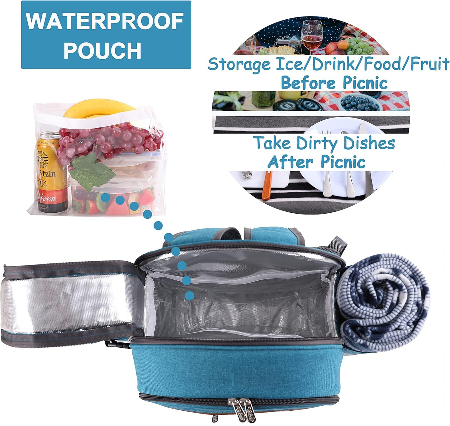 Apollo Walker Picnic Backpack Set for 2 Person with Cooler Compartment, Detachable Bottle/Wine Holder, Fleece Blanket, Plates and Cutlery Set (Teal)