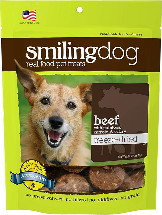 Herbsmith Smiling Dog Treats – Freeze Dried Raw Beef, Potatoes, Carrots & Celery – That’s 100% it – 2.5 Ounce