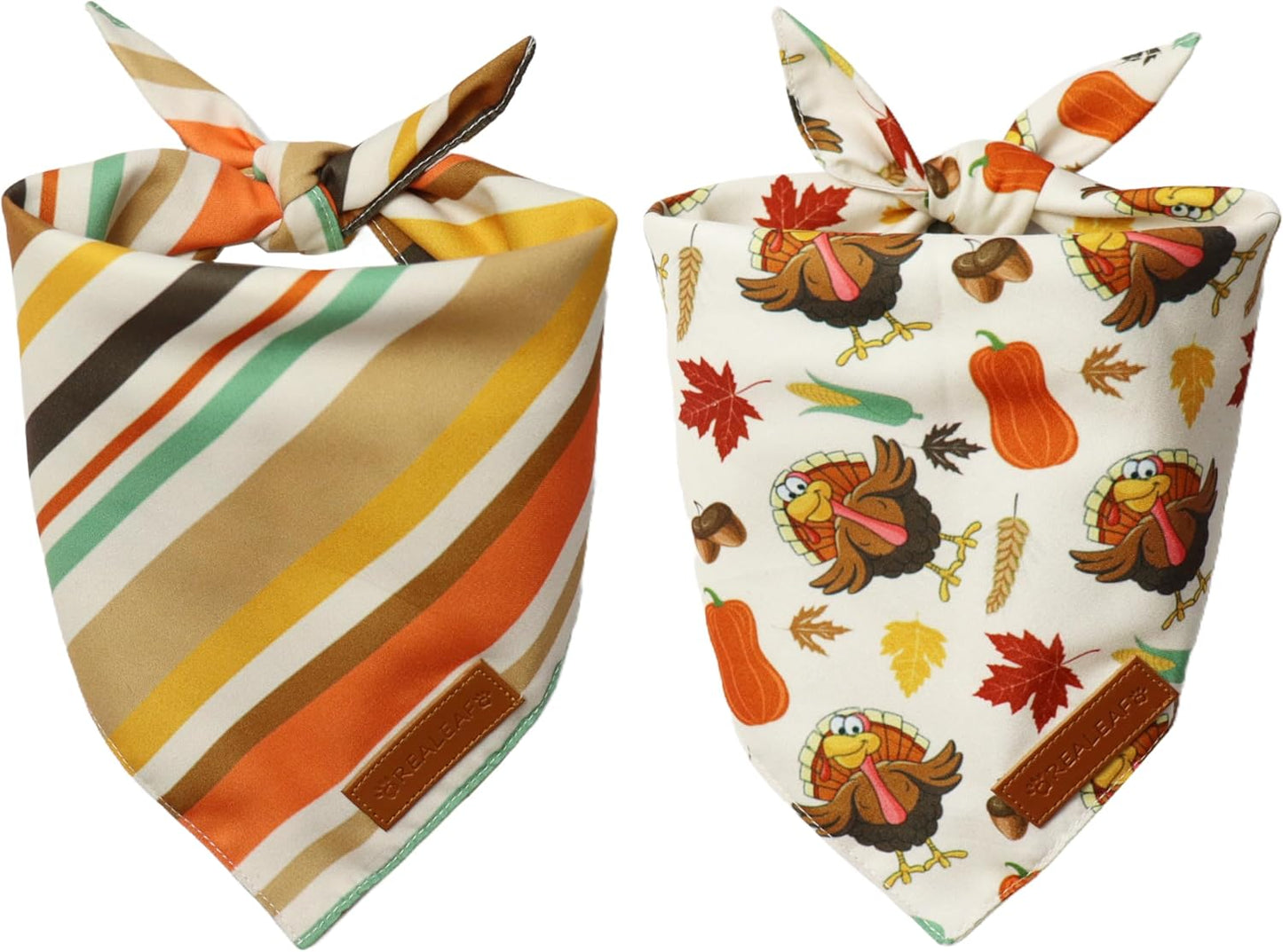 Realeaf Thanksgiving Dog Bandanas 2 Pack,Turkey Pumpkins Fall Stripe Pet Scarf for Boy and Girl, Premium Durable Fabric, Reversible Holiday Bandana for Large and X-Large Dogs Pets