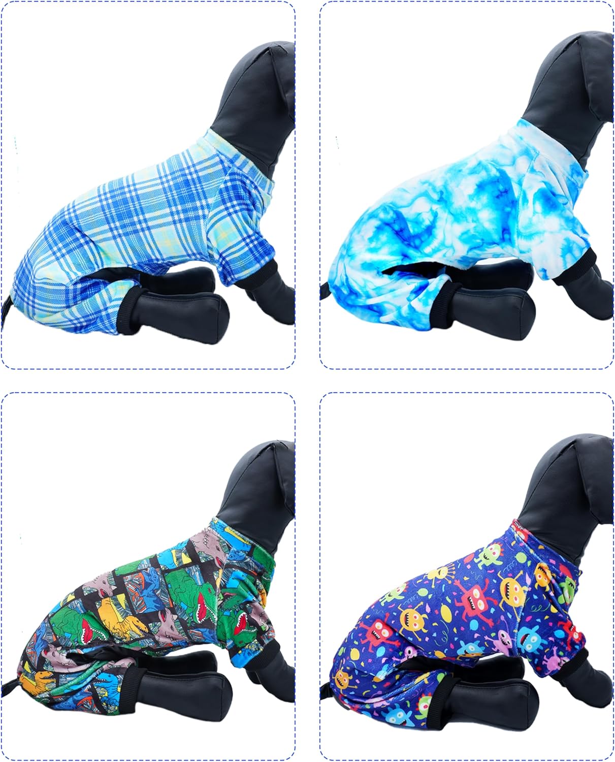PET SHOW 4 Pack Small Dog Pajamas Cute Dinosaur Monster Clothes for Medium Dogs Soft Stretchy PJs Plaid Jumpsuit Puppy Cats Tie Dye Onesies Outfits with Sleeve Pets Dachshund Costume(L, Blue for Boys)