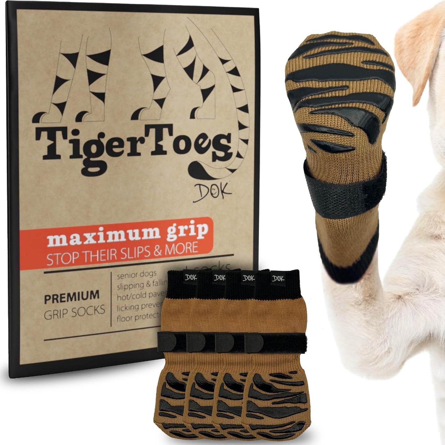 DOK TigerToes Premium Non-Slip Dog Socks for Hardwood Floors - Extra-Thick Grip That Works Even When Twisted - Prevents Licking, Slipping, and Great for Dog Paw Protection (XXS, Cool Caramel)